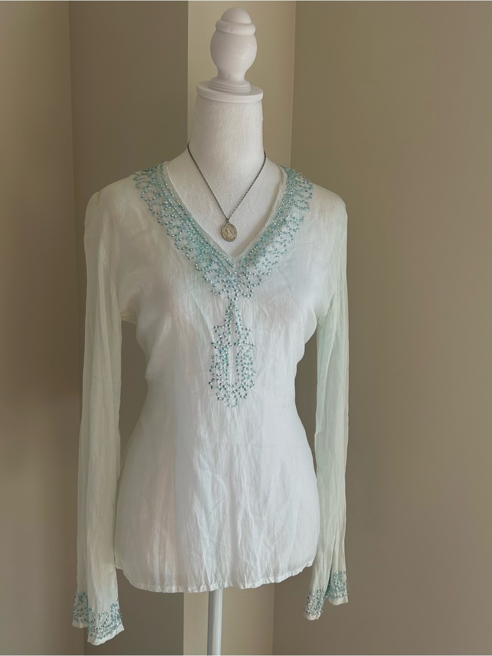 1990's Sheer White Cotton Sequined Flare Sleeve Top